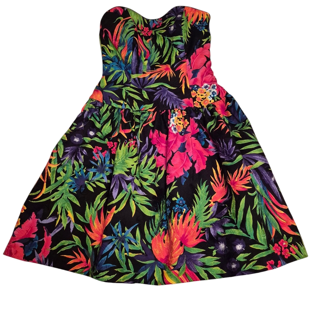 Vtg A.J. Bari Tropical 80s Prom Strapless Fit N Flare Cocktail Dress Size 4